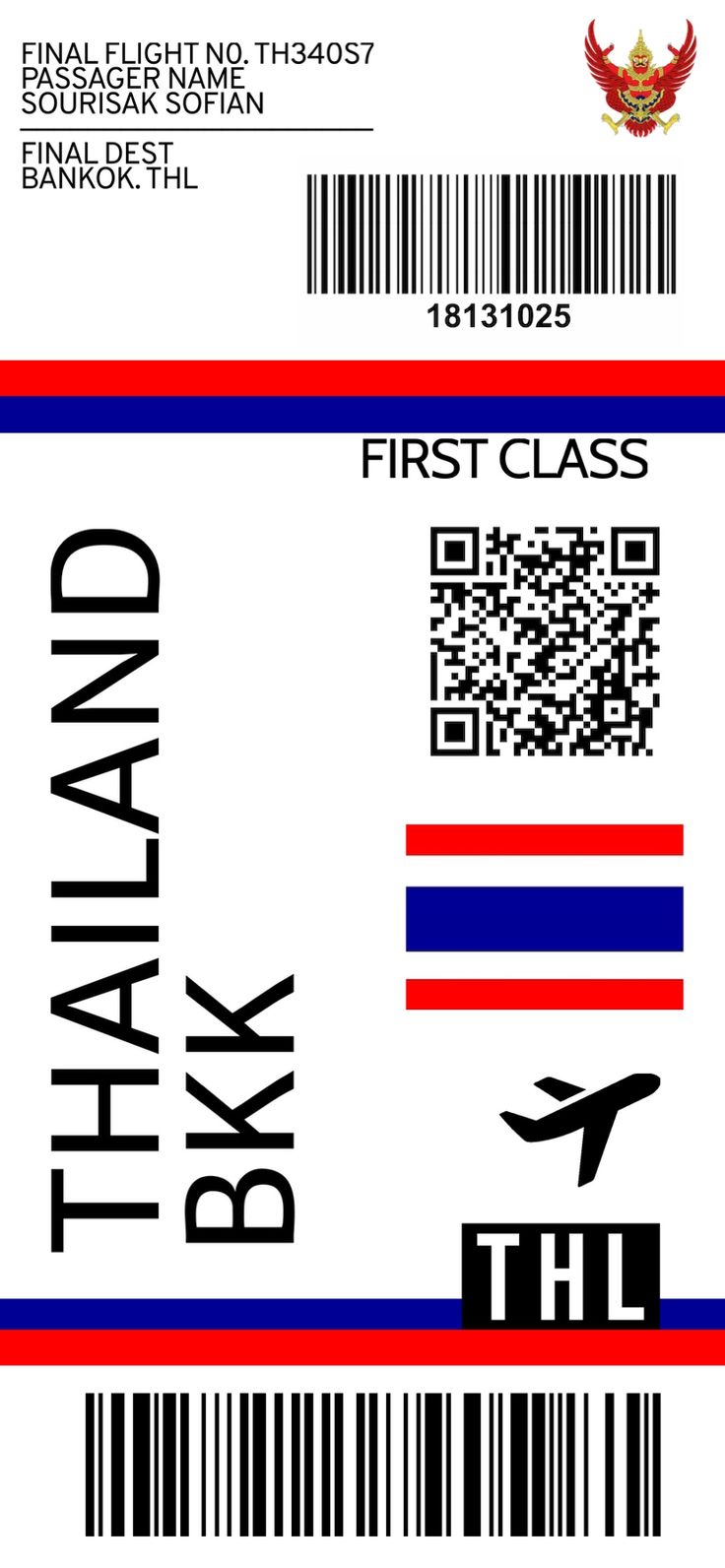 an airplane ticket is shown with the name and number in red, white, and blue