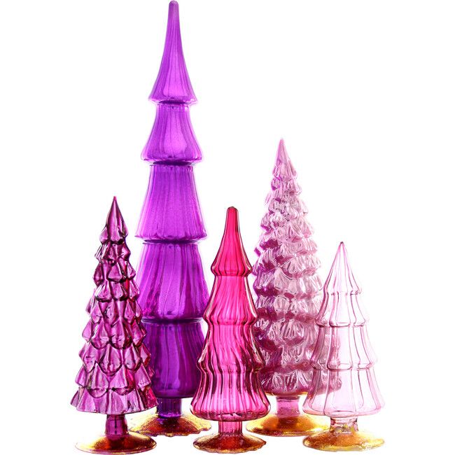 five different colored glass trees on a white background