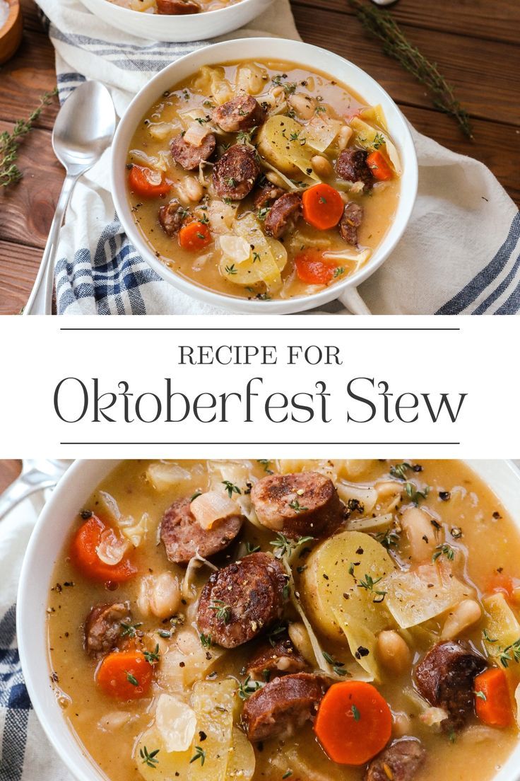 This Oktoberfest Stew recipe is a wonderful way to enjoy the fall season and celebrate Oktoberfest. It is a hardy, delicious, filling dinner recipe that is perfect for the whole family. Visit Sugar Maple Farmhouse to find this Oktoberfest food recipe. October Fest Stew, Oktoberfest Crockpot Recipes, Octoberfest Stew, Oktoberfest Stew, Octoberfest Recipes, Sausage Stew, Oktoberfest Food, Octoberfest Food, Homemade Soft Pretzels