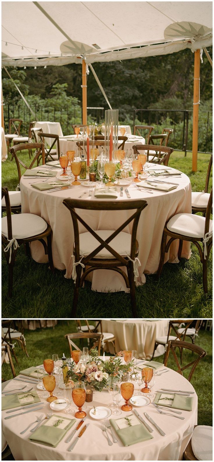 the table is set for an outdoor wedding reception