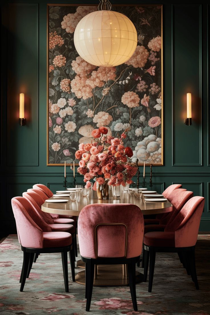 a dining room table with pink chairs and a large floral painting on the wall behind it