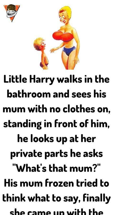 a woman in a bathing suit holding a frisbee with the caption'little harry walks in the bathroom and sees his mom with no clothes on standing in front of him, he looks at her private parts