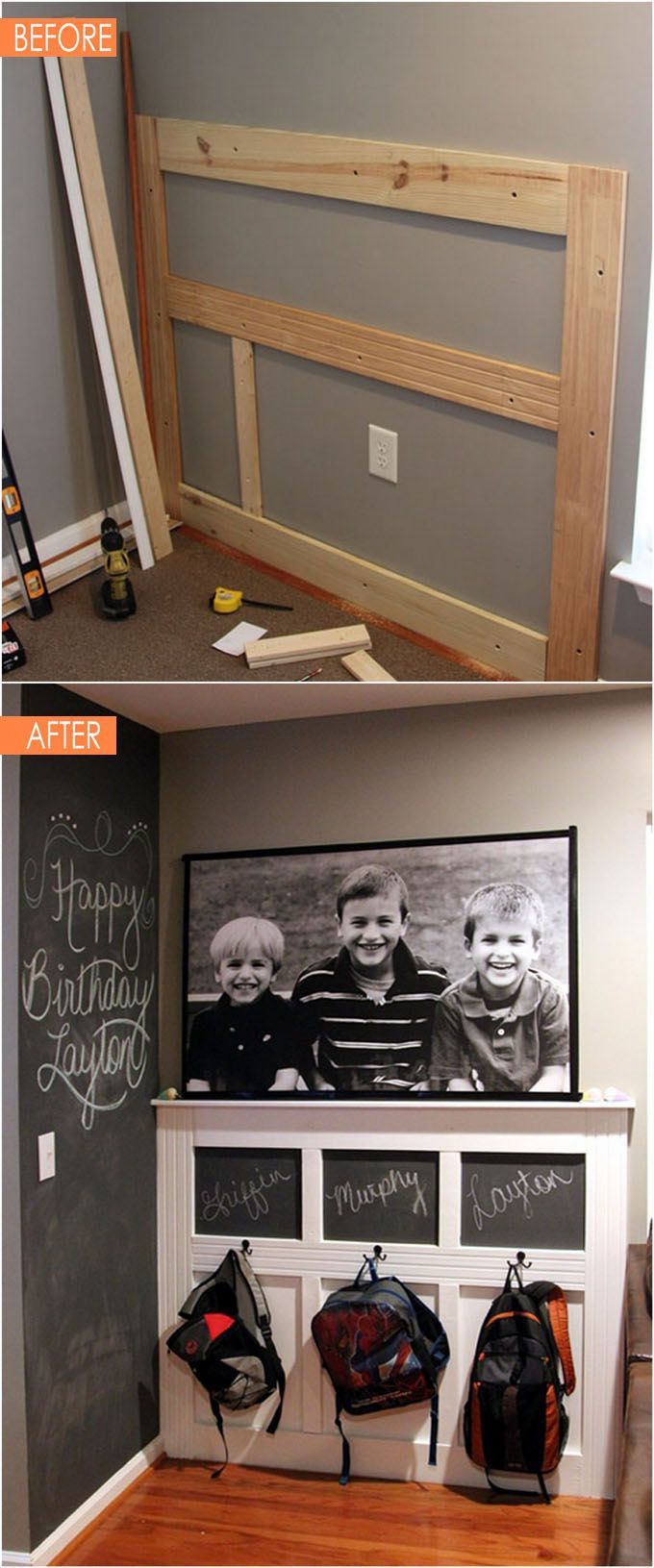 the before and after pictures show how to make a diy headboard for a child's room