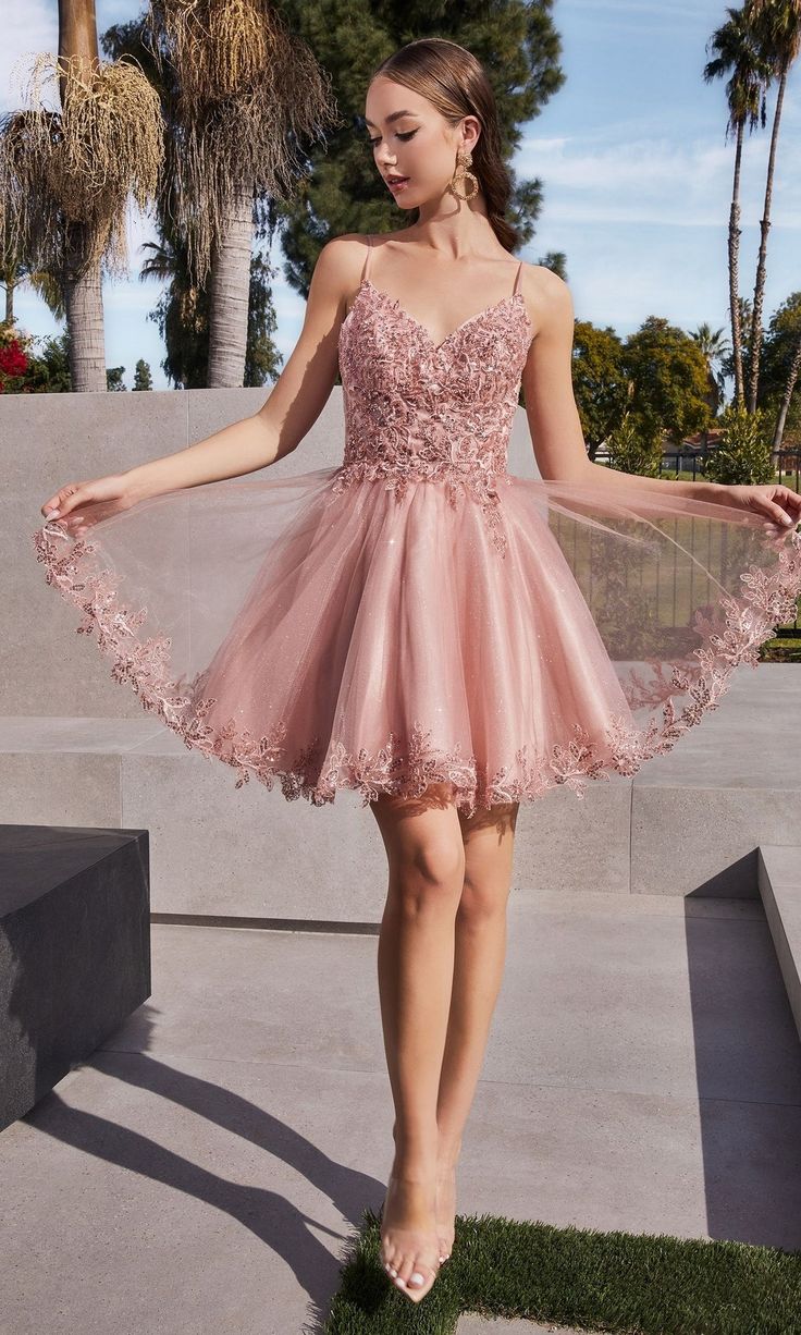 Beautiful embroidered trim makes this short homecoming dress a sensational choice for your special event. Whether you're going to homecoming, a sweet-16 party, or another semi-formal event, this short a-line party dress is sure to make a figure-flattering fashion statement. With an embroidered sweetheart bodice, this sweet cocktail dress has barely-there shoulder straps that lead to the deep v-back detail. The fully-lined short skirt has an embroidery trimmed sheer overlay that flows to the hem Grade 9 Grad Dresses, Grade 8 Grad Dresses Long, Grade 8 Graduation Dresses, Grad Dresses Grade 8, 6th Grade Graduation Dresses, Graduation Dresses For 8th Grade, Grade 8 Grad Dresses, Sorority Formal Dress, Dresses Graduation