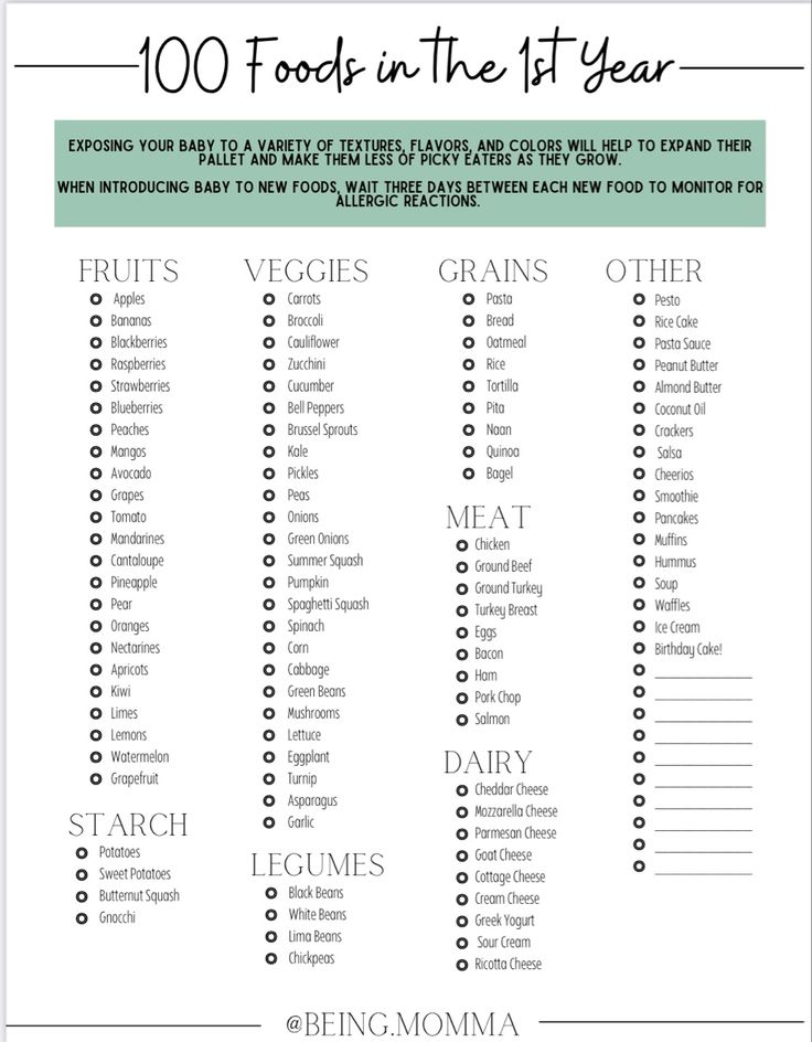 the 100 foods in the 1st year list is shown with text overlaying it