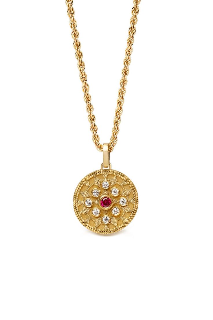 Welcome to PoshGoldJewelry, Our collection of byzantine necklaces are handmade in our goldsmith workshop in Greece. Each stone is set by hand by a certified setter, A unique style of pendant where the colors of the stones can be changed to your ideal combination, please message us for more details. Gemstones: Simulated Ruby and Simulated Diamonds Pendant Size: 0.70 inches / 18mm (diameter) Pendant Thickness: 0.6mm Rope Chain Thickness: 2.10mm Material: - Sterling Silver 925 (Silver) - Sterling S Byzantine Style Hallmarked Necklace, Goldsmith Workshop, Etruscan Jewelry, Medieval Necklace, Byzantine Jewelry, Byzantine Necklace, Historical Jewellery, Custom Pendants, Waist Chain