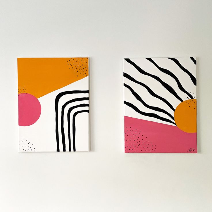 two paintings on the wall one is pink, white and orange