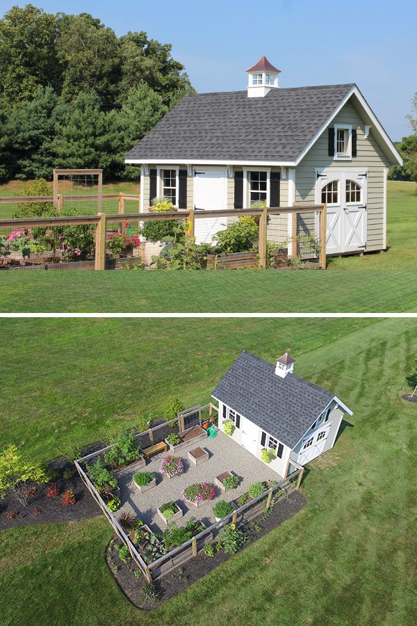 two pictures side by side of a house and one with a garden in the yard