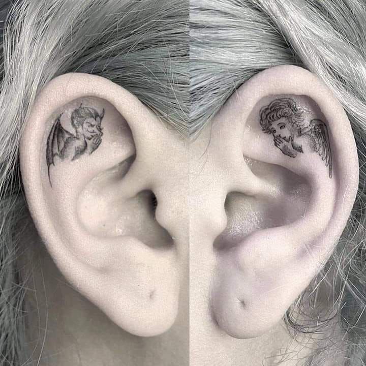 two pictures of an ear with tattoos on them