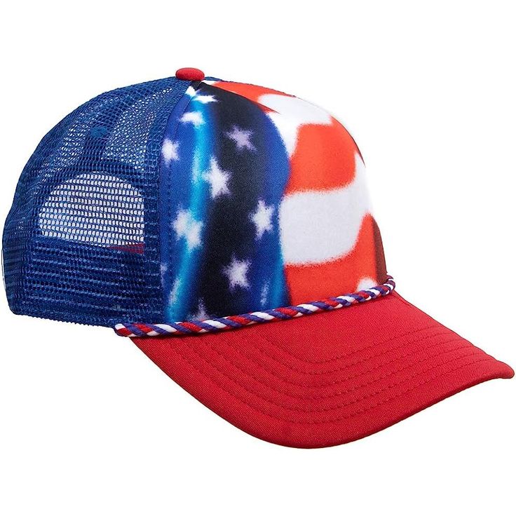 Embrace your American Pride with this Red, White & Blue American Flag Snapback Trucker Hat! The American Flag Accessory is a red, white & blue snapback trucker hat featuring a bright, bold design of the American Flag across the cap and is made of cotton material. The Red, White & Blue American Flag Trucker Hat is available in one size and can easily fit most with the adjustable snapback band feature. The Red, White & Blue American Flag Snapback Trucker Hat is the perfect merchandise to complete Red Trucker Hat With Curved Brim For Sports Events, Red Flat Bill Trucker Hat For Sports Events, Red Trucker Hat One Size Fits Most, Red Snapback Hat With Curved Bill For Summer, Red Trucker Hat For Sports Events, Casual Baseball Cap For 4th Of July, Red Curved Bill Snapback Hat For Summer, Patriotic Blue Hat For Memorial Day, American Style Red Hat For 4th Of July