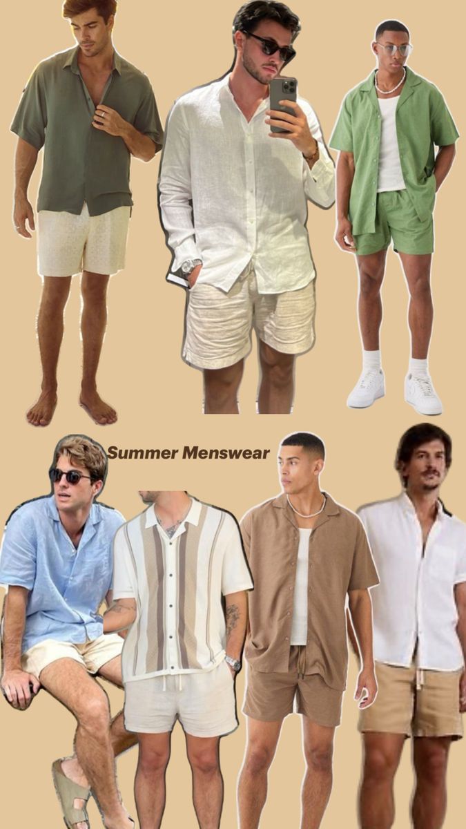 Summer men style inspo, vacation Beachy Outfits For Men, Men’s Thailand Outfits, Men’s Europe Summer Style, Mens Greece Vacation Outfit, Morocco Travel Outfit Men, Greek Vacation Outfit Men, Love Island Outfits Men, Men Outfit Vacation, Guys Beach Outfit Summer