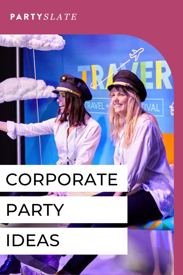 two women dressed in pirate costumes with text reading corporate party ideas