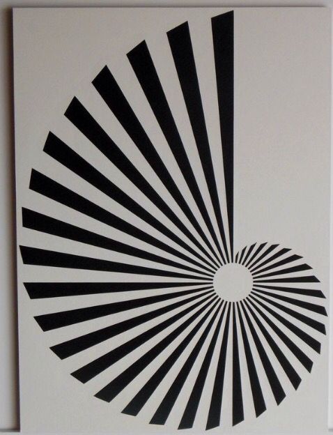 an abstract black and white painting with lines in the shape of a sunburst