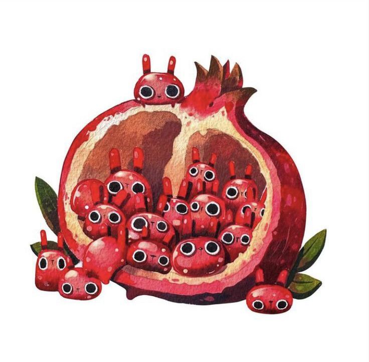 a drawing of a pomegranate with eyes and leaves