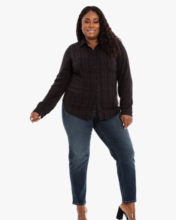 This sleeve work shirt is a comfortable and stylish layer you will never want to leave the house without. It comes in a super comfy and super chic plaid pattern just in time for fall. Wear this plus-size plaid shirt with skinny jeans and booties. Slink Jeans Janice Button-Down Shirt | BLACK | Tops | Materials & Care Instructions: ['60% Cotton, 40% Rayon', 'Machine wash cold', 'Imported'] Business Casual Plaid Flannel Shirt For Fall, Long Sleeve Work Shirt, Ombre Shirt, Day With Friends, Work Shirt, Denim Overalls, Work Shirts, Western Shirts, Just In Time