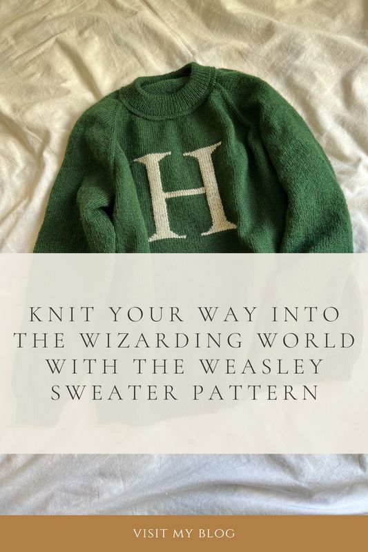 a green sweater with the words knit your way into the wizarding world with the weasely sweater pattern