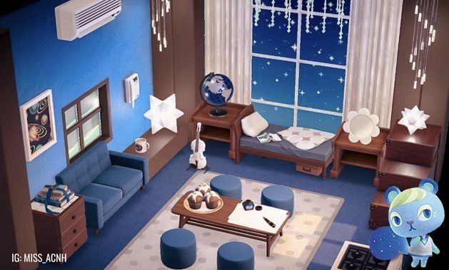 an aerial view of a living room with blue walls and furniture, including a coffee table