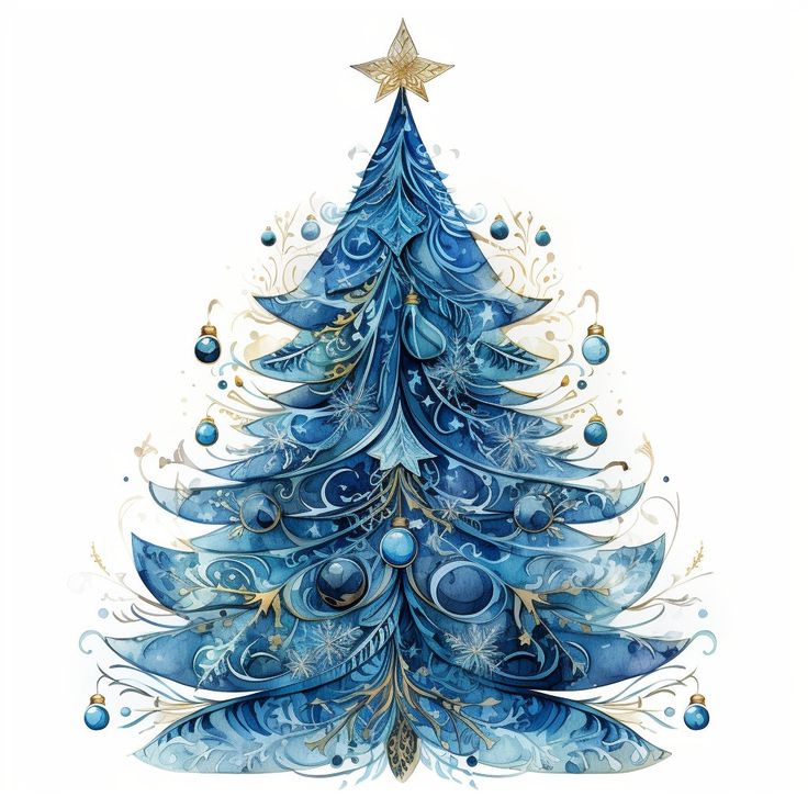 a watercolor christmas tree with blue ornaments and gold stars on it's top