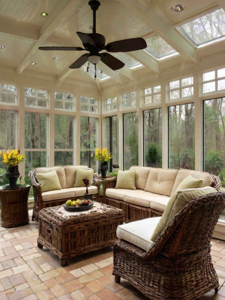 a sun room with wicker furniture and large glass windows on the ceiling is filled with yellow flowers