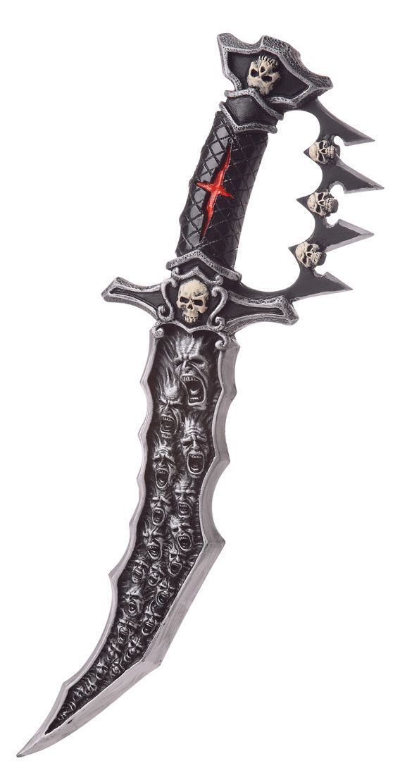 a black knife with skulls on it and a red cross in the middle of it