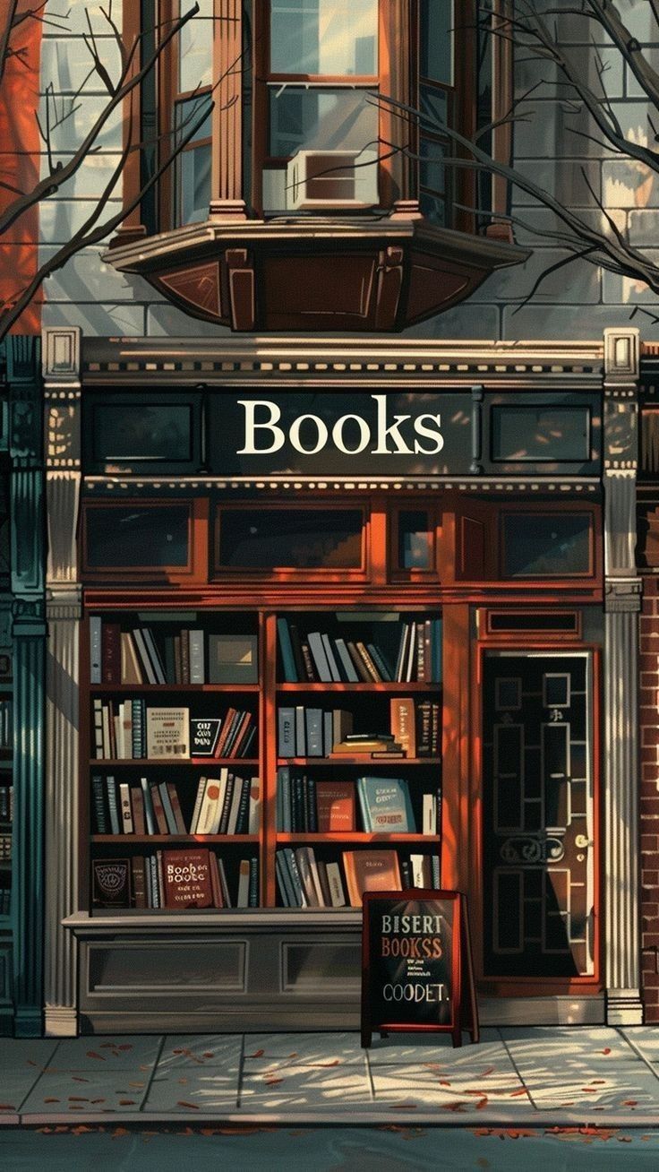 a painting of a book store with books on the front and shelves full of books