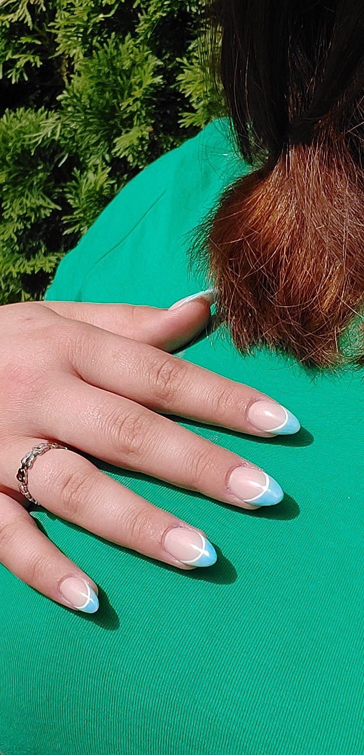 Acrylics French Tip Almond, Cute Almond French Nails, Blue With White French Tip Nails, Blue And White French Tip Nails Almond, Blue And White French Tip Nails Acrylic, Light Blue French Tip Nails Almond Short, Light Blue Tips Nails Almond, French Nails Ideas Blue, French Tip With 2 Lines