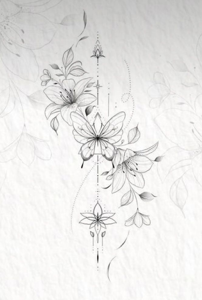 a black and white drawing of flowers on a sheet of paper with some lines going through it