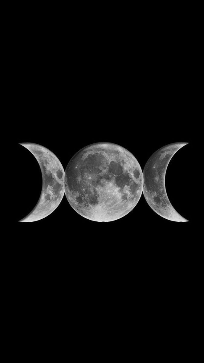 three phases of the moon in black and white