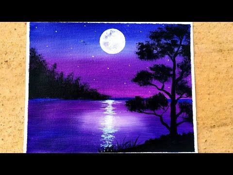 a painting of a tree and water at night with a full moon in the sky