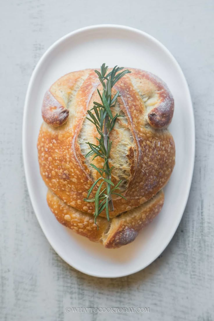 a piece of bread that is on top of a white plate with some rosemary sprigs