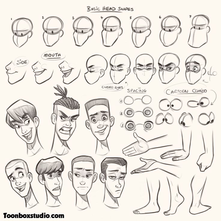 an animation character's head is shown with different facial expressions and haircuts