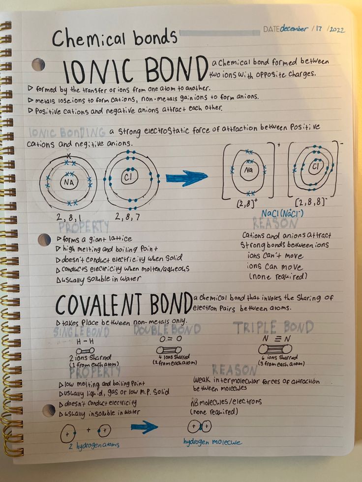 a spiral notebook with notes on how to bond an element in chemical bonds and what they are labeled