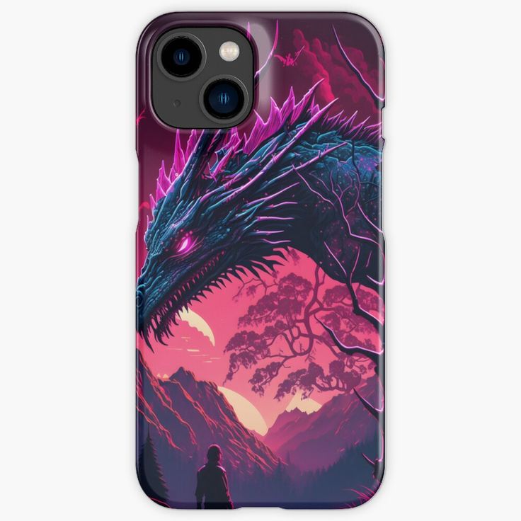 a phone case with an image of a dragon in the sky and mountains behind it