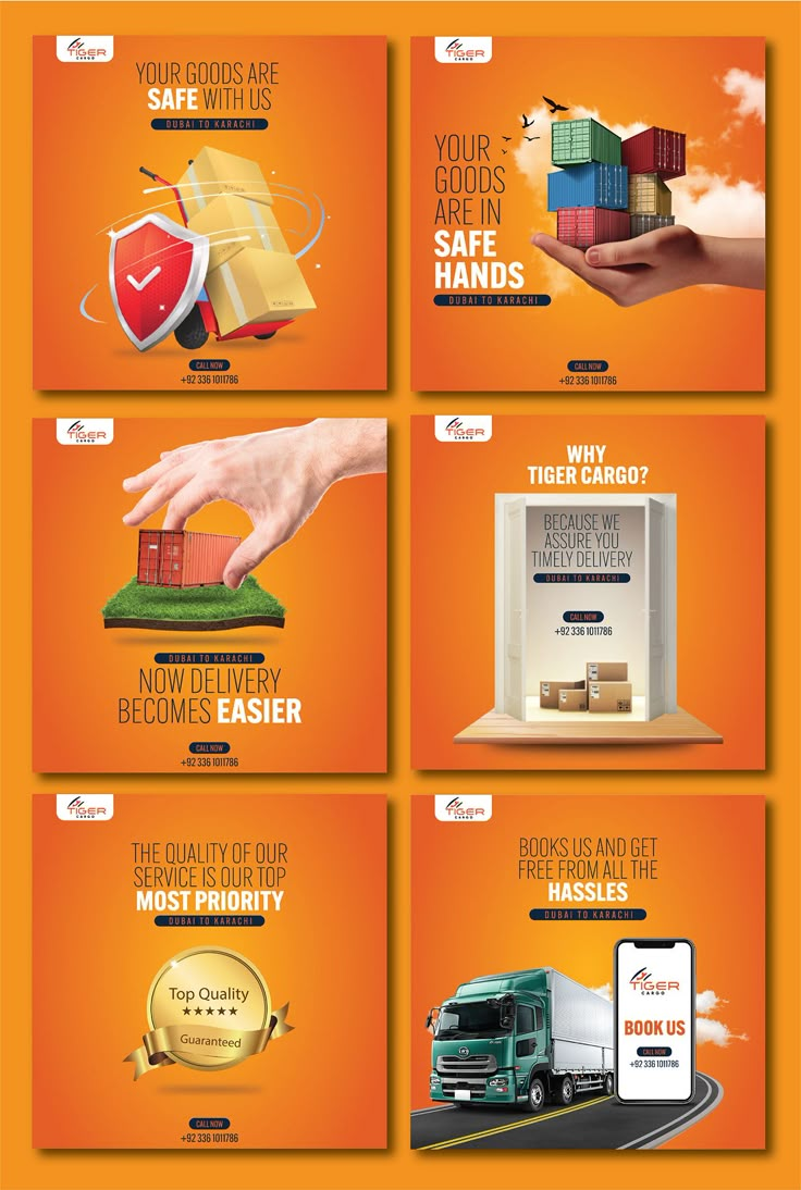 an orange background with several different types of advertising