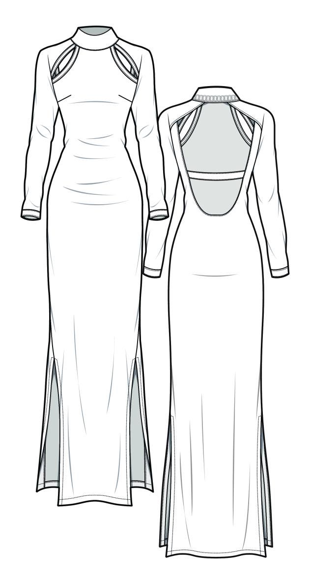 the front and back view of a long sleeved dress with an open neckline