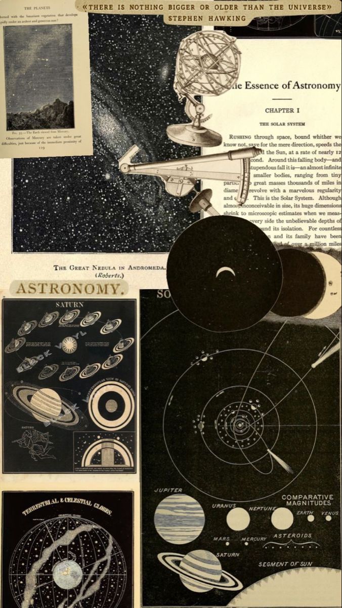 an old book with pictures of planets and stars on the pages in black and white