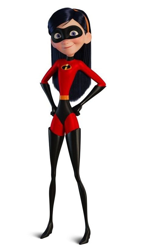 a cartoon character with long black hair wearing a red and black outfit, standing in front of a white background