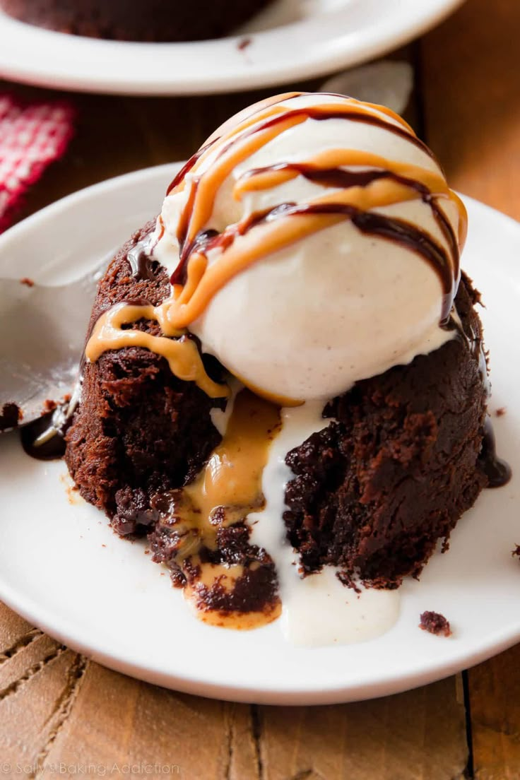 a plate with some ice cream and chocolate cake on it