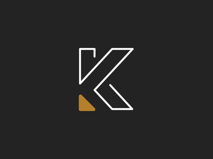 the letter k is made up of white and yellow lines on a black background with an orange triangle