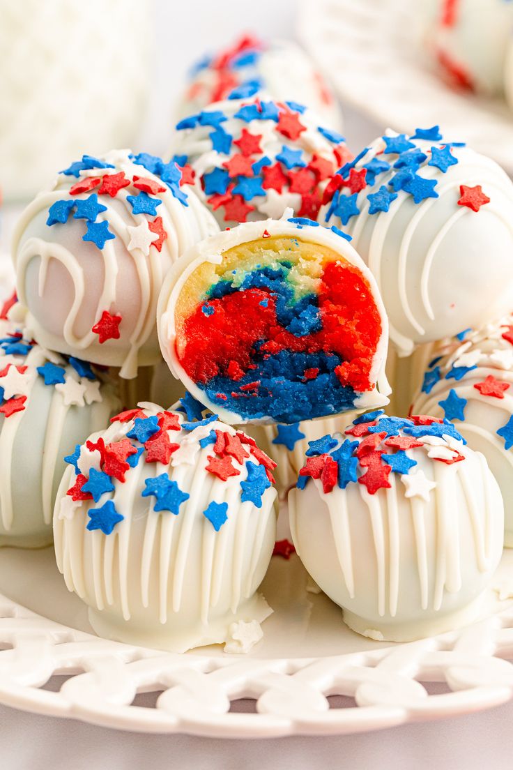 red, white and blue desserts on a plate