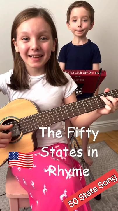 two young children are playing the guitar in front of an american flag banner that reads, the fifty states in rhyme 50 state song