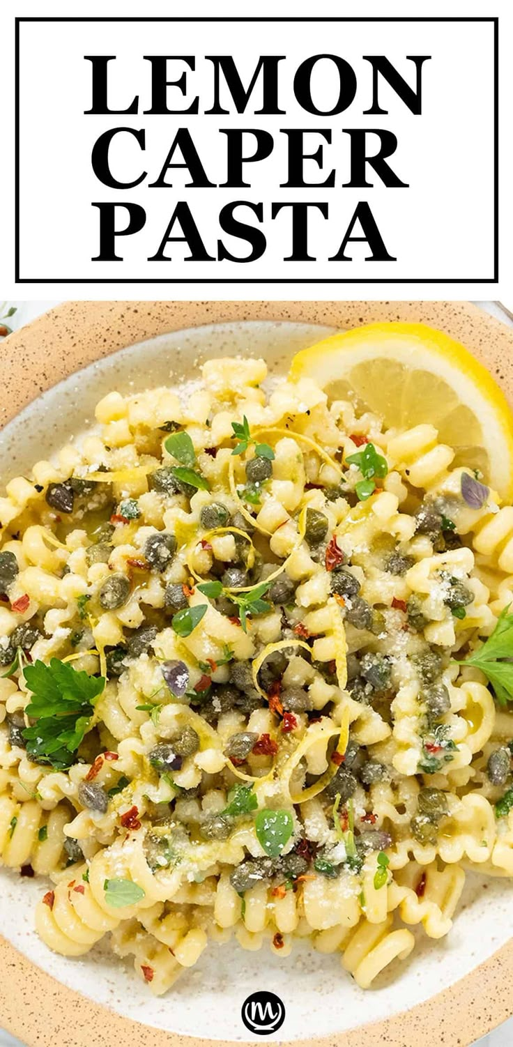 lemon caper pasta with pesto, olives and parsley