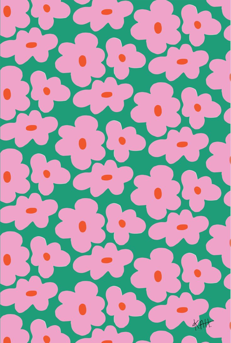 Bold floral print. Bubblegum pink organic flowers with a bright red orange center, patterned over a kelly green bagground. Diy Wallpaper Ideas Iphone, Pattern Design Inspiration Illustrators, Pink And Green Graphic Design, Collage Des Photos, Whatsapp Wallpaper, Phone Wallpaper Patterns, Cute Patterns Wallpaper, Cute Backgrounds, Pattern Download