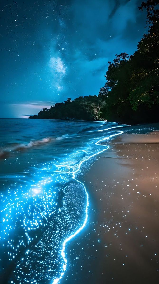 the beach is lit up at night with stars in the sky and on the water