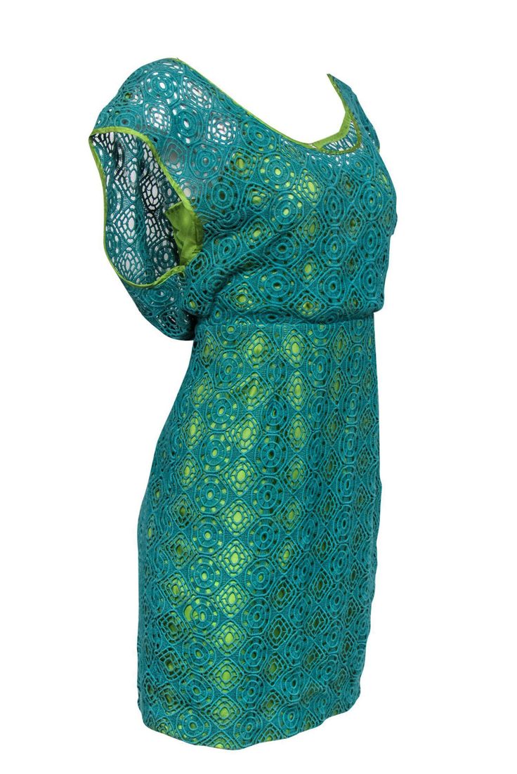 Go glam in pastels with this crochet frock from Tracy Reese. Perfect for daytime, nighttime, or anytime -- get a polished, fun look with this crochet beauty today! This is one unique piece you don't want to miss. Size 6 100% Cotton Fitted silhouette Boat neckline Bright green contrasting slip & lining Zippered back and button closure Waist 28" Bust 32" Total length 35.5" Spring Party Crochet Top, Sleeveless Crochet Lace Dress For Party, Summer Lace Crochet Top For Party, Stretch Crochet Top For Spring Party, Chic Green Lace Dress, Chic Party Dress With Crochet Trim, Chic Stretch Lace Summer Dress, Chic Summer Stretch Lace Dress, Sleeveless Crochet Dress For Party