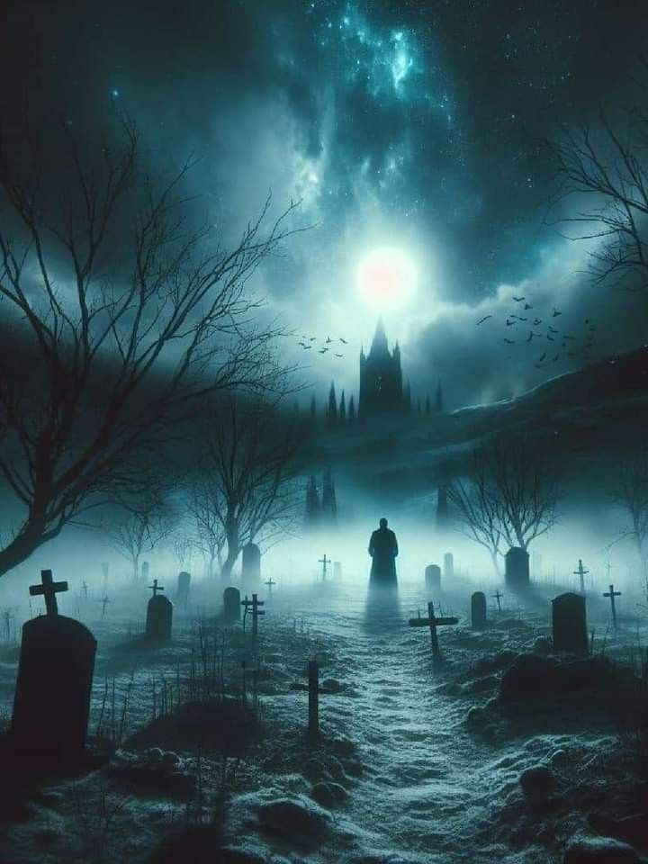 a creepy graveyard with graves in the foreground and a full moon in the background