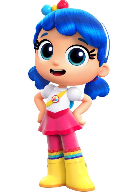 a cartoon girl with blue hair and big eyes wearing yellow rubber boots, standing in front of a white background