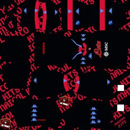 a black shirt with red and blue letters all over it, on a black background