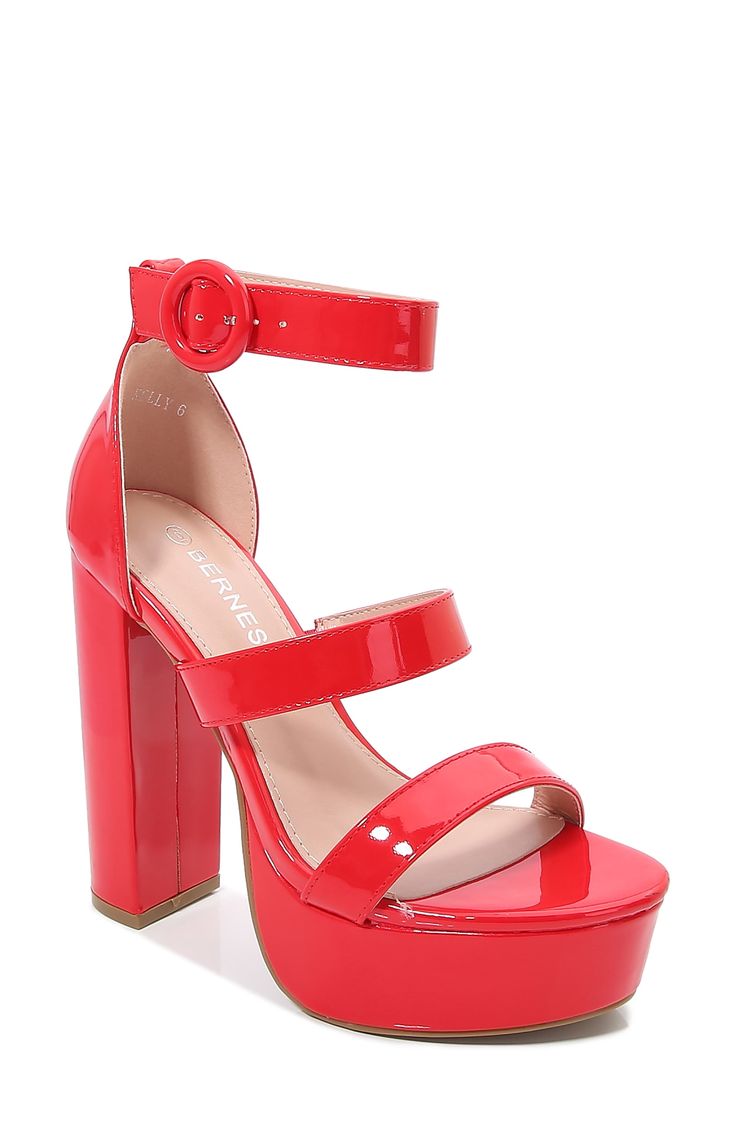 A towering block heel and bold platform add dramatic style to this chunky heel with thick, wide straps. Synthetic upper, lining and sole Imported Modern Red Heels With Stacked Heel, Modern Red Platform Heels, Red Chunky Platform Heels For Spring, Bold Platform Heels With Block Heel, Party Heels With Thick Block Heel, Party Block Heels With Thick Bottom, Red Chunky Platform Heels For Party, Red Stacked Heel Block Heels For Party, Red Block Heels With Stacked Heel For Party