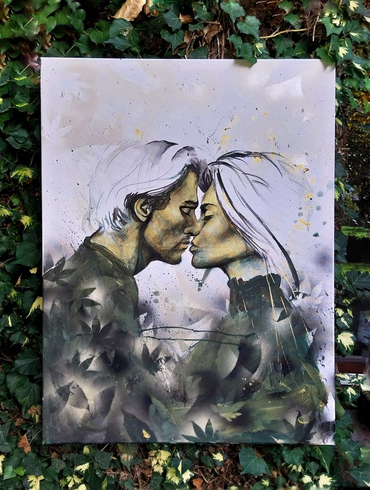 a painting of two people kissing in front of green leaves and ivy on the ground